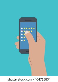 flat desing of hands holding a tablet and touching and doing a feedback, vote, review and rate. the illustration can be used in many topic like requesting the opinion of customers about some services