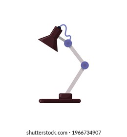 Flat Desk Lamp Isolated On White Background. Electric Metal Table Lamp Icon With Bent Arm And Dark Brown Shade Cap From Side View, Vector Illustration.