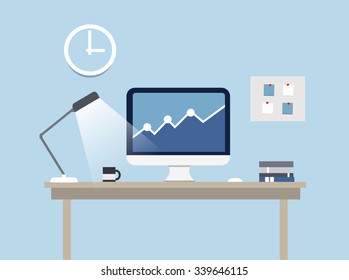 Flat desktop, modern workspace. Vector