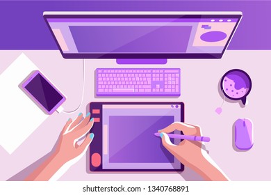 Flat desktop top view with laptop, tea, illustrator hands, mobile phone. Concept workplace, workspace with special equipment for freelance. Vector illustration.