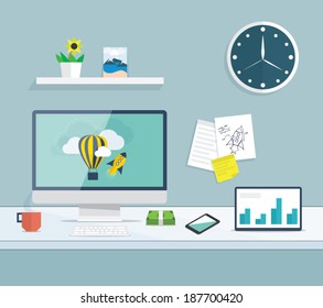 Flat desktop of web and graphic design development office