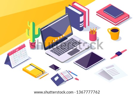 Flat desktop workspace with laptop, mobile phone, tablet, calendar. Concept workplace organization with employee equipment. Vector illustration.