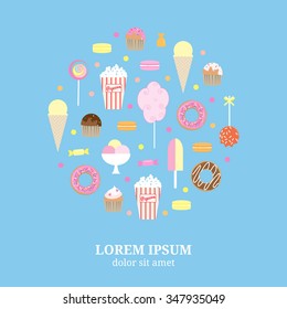 Flat dessert icons composed in circle shape. Lollipop, popcorn, ice cream, muffin, cotton candy, caramel apple, donut, cupcake, macaron.