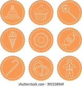 Flat dessert labels with outline icons