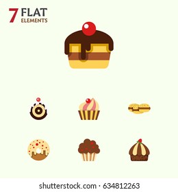 Flat Dessert; Set Of Biscuit, Sweetmeat, Pastry And Other Vector Objects. Also Includes Doughnut, Cake, Shortcake Elements.