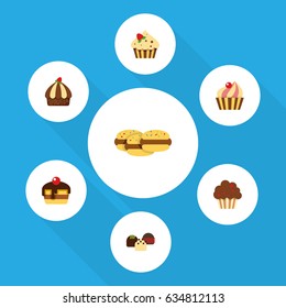 Flat Dessert; Set Of Cake, Cupcake, Sweetmeat And Other Vector Objects. Also Includes Delicious, Pastry, Confectionery Elements.