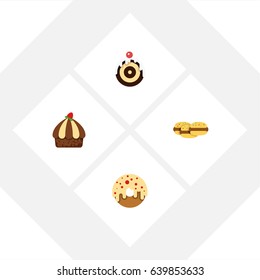 Flat Dessert; Set Of Cupcake, Doughnut, Pastry And Other Vector Objects. Also Includes Cookie, Biscuit, Dessert Elements.