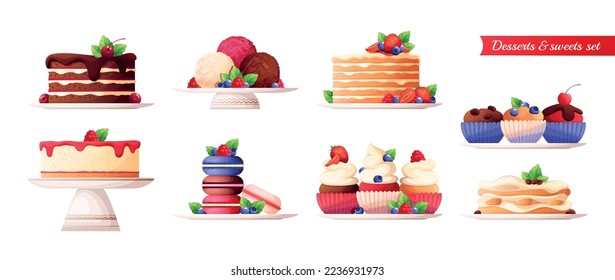 Flat desserts set of delicious cakes cheesecakes tiramisu cupcakes macaroons with berries and mint isolated vector illustration