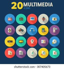Flat detailed colored multimedia icons on colored circles