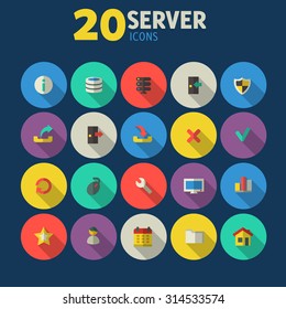Flat detailed colored server icons on colored circles