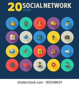 Flat detailed colored social network icons on colored circles