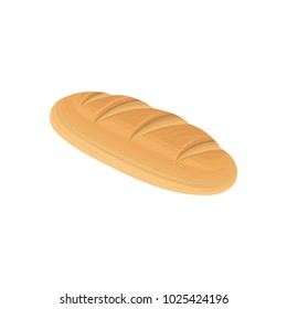 Flat detailed fresh long loaf of white wheat bread. Baked food icon. Design element for bakery store promo, pastry shop or market poster. Vector on white