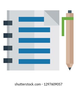 Flat detailed icon of a notebook with pen.