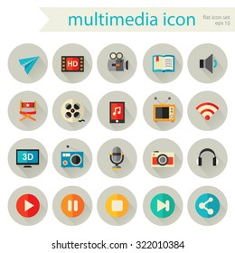 Flat detailed multimedia colored icons with shadow on gray circles