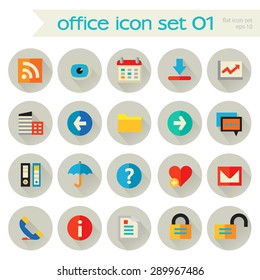 Flat detailed office set 1 colored icons with shadow on gray circles