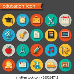 Flat detailed school colored icons on colored circles