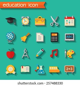 Flat detailed school and educational colored icons