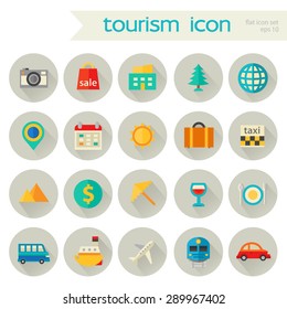 Flat detailed tourism colored icons with shadow on gray circles