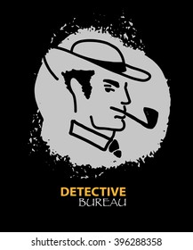 Flat detective agency logo design. Hand drawn artistic stylish man in hat portrait. Detective bureau insignia.