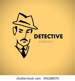 Flat detective agency logo design. Hand drawn artistic stylish man in hat portrait. Detective bureau insignia. 