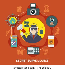 Flat detective composition with secret surveillance description and detective work tools vector illustration
