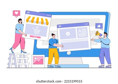 Desarrollador plano y equipo de diseñadores crean el concepto de tienda o tienda en línea. Estilo de diseño de esquema de ilustración vectorial mínima.