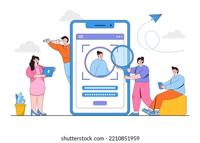 Flat developer team setting for user login application with mobile phone concept. Outline design style minimal vector illustration.