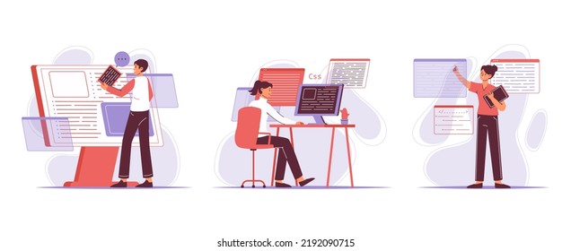 Flat IT developers and programmers, outline software engineers. Programming developers coding and testing products flat vector illustration set. Software engineers scenes