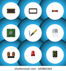 Flat Device Set Of Coil Copper, Resist, Repair And Other Vector Objects. Also Includes Central, Mainframe, Transistor Elements.