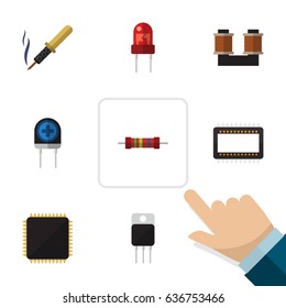 Flat Device Set Of Cpu, Transducer, Resistance And Other Vector Objects. Also Includes Transistor, Unit, Resistor Elements.