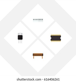 Flat Device Set Of Microprocessor, Memory, Bobbin And Other Vector Objects. Also Includes Transistor, Central, Unit Elements.