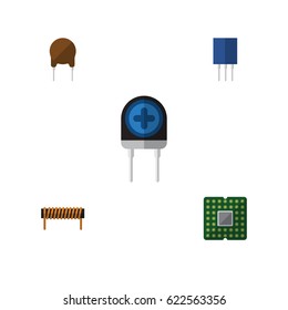 Flat Device Set Of Unit, Triode, Bobbin And Other Vector Objects. Also Includes Unit, Recipient, Central Elements.