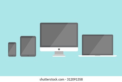 Flat devices in line on blue backgound. Laptop, desktop computer, tablet pc and smartphone