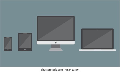 Flat devices in line on earth tone backgound. Laptop, desktop computer, tablet pc and smartphone