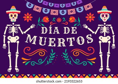 flat Dia de muertos background illustration with skeleton women and men used sombrero hat