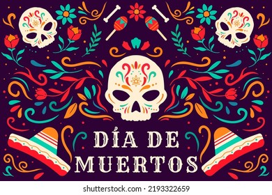 flache Dia de muertos, Tag der toten Hintergrundgrafik mit Ornament, Sombrero und Maracas