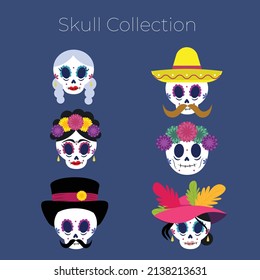 flat dia de muertos skulls collection set vector
