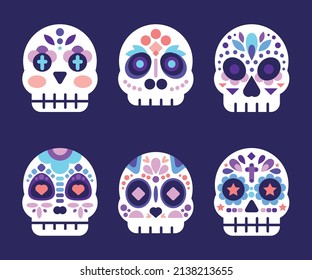 flat dia de muertos skulls collection set vector