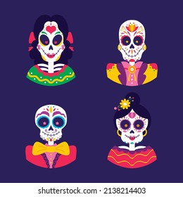 flat dia de muertos skulls collection set vector