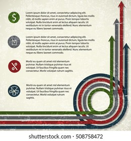 Flat diagram concept with business icons colorful arrows and several text fields vector illustration