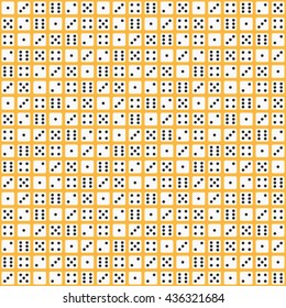 Flat dice pattern. Vector seamless background: white dices on yellow backdrop