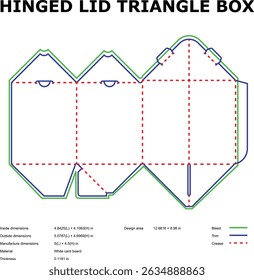 Flat die cut design for a hinged lid triangle box with detailed specifications