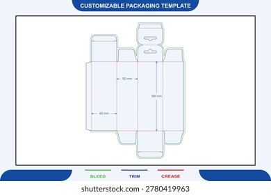 Flat dieline template for agarbatti box with hanging hole, featuring 50mm by 165mm dimensions, tuck end flaps, and color-coded bleed, trim, and crease lines