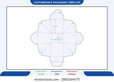 Flat dieline template for a foldable food tray box with specified dimensions, featuring color-coded bleed, trim, and crease lines on a white background