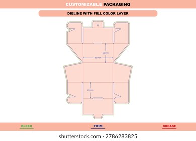 Flat dieline template for a hanging box with interlocking flaps, featuring 85mm, 55mm, and 45mm dimension labels and color-coded cut and fold lines