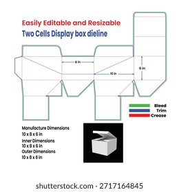 Modelo de linha de trabalho plana para uma caixa de exibição de duas células com dimensões e um exemplo de montagem 3D. Formato de vetor escalável.