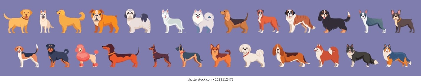 Plano Diferente cão raças vetor set. cães de desenho animado set. 25 tipos diferentes de raças de cães