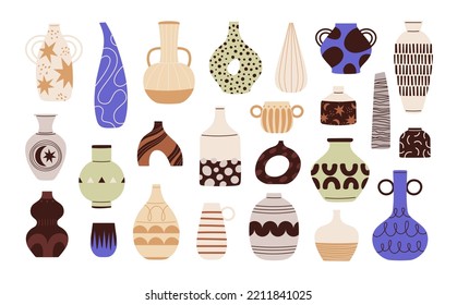 Flat different vases. Ceramic scandinavian vase and pots, minimalistic style decorative jugs. Trendy style pottery pitcher, cups and racy bowls vector set