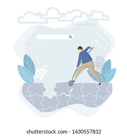 Flat digger man puzzle landing, great diggind design for any purposes. Successful business man working. Communication, connection concept. Corporate business puzzle concept. Successful business team