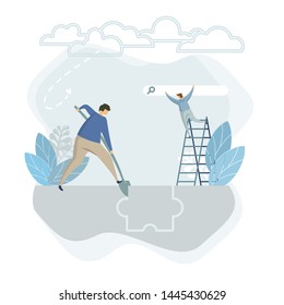 Flat digger man puzzle landing, great diggind design for any purposes. Successful business man working. Communication, connection concept. Corporate business puzzle concept. Successful business team